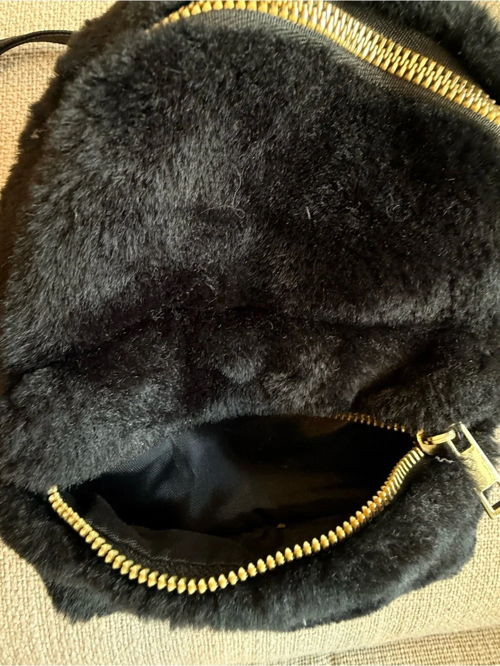 SHEIN Black Faux Fur Mini Backpack with Gold-Tone Zippers